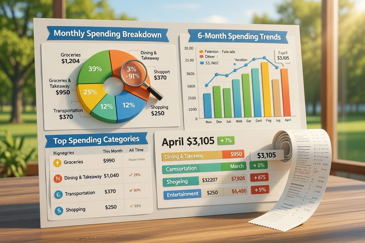 Spending analytics dashboard showing category breakdowns and trends